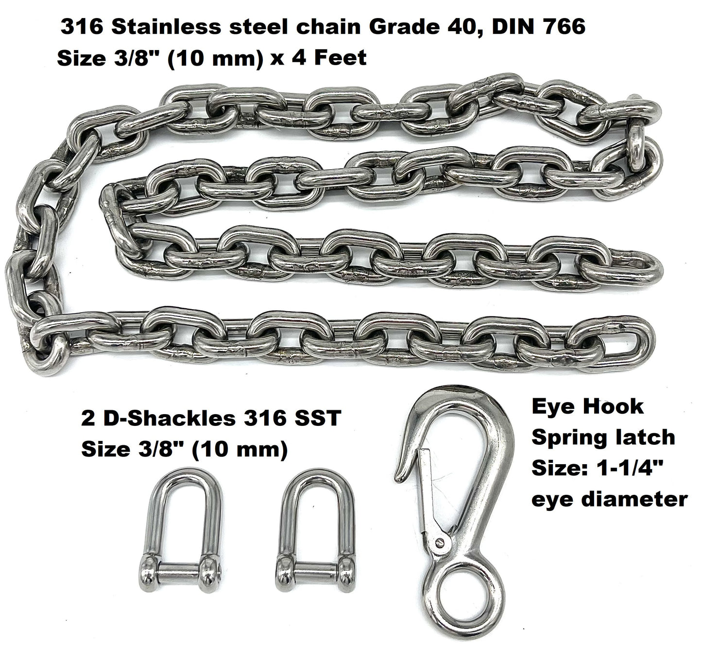 Boat trailer 316 stainless steel safety chains with hooks 2 Pack